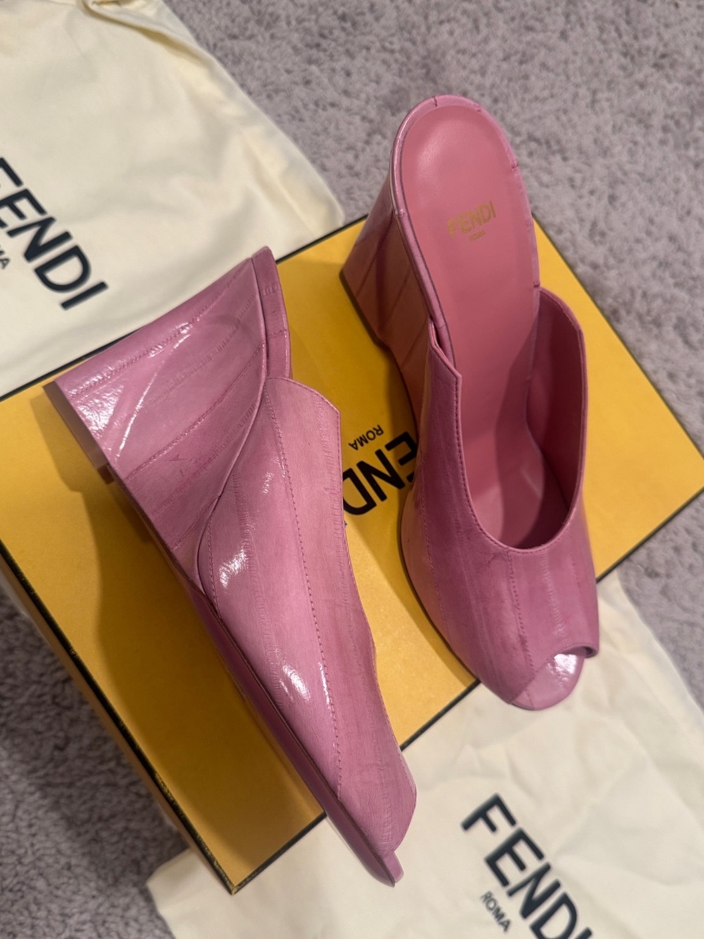 Fendi Pink Leather Mules w/ Sculpted Block Heel